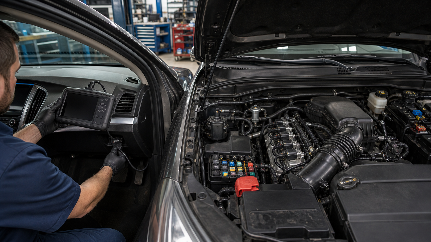 Chevrolet OBD diagnostic planning scene with engine bay, EVAP purge area, ignition coils, and scan tool