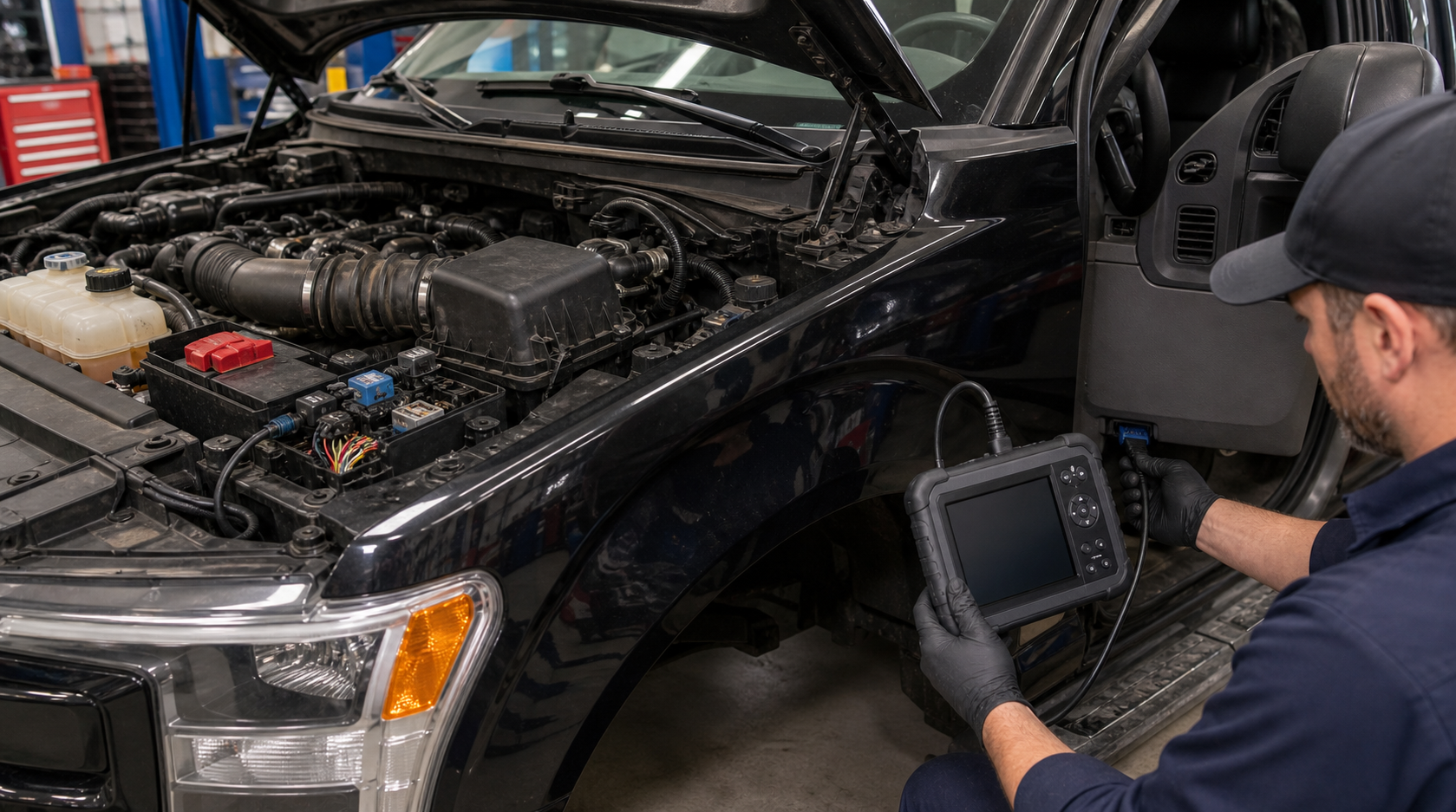 Ford OBD diagnostic planning scene with engine bay, ignition area, battery, fuse box, and scan tool