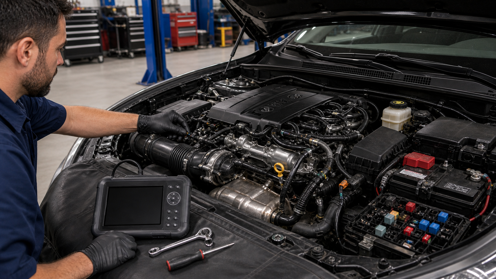 Lexus OBD diagnostic planning scene with engine bay, intake duct, ignition area, oxygen sensor wiring, fuse box, and scan tool