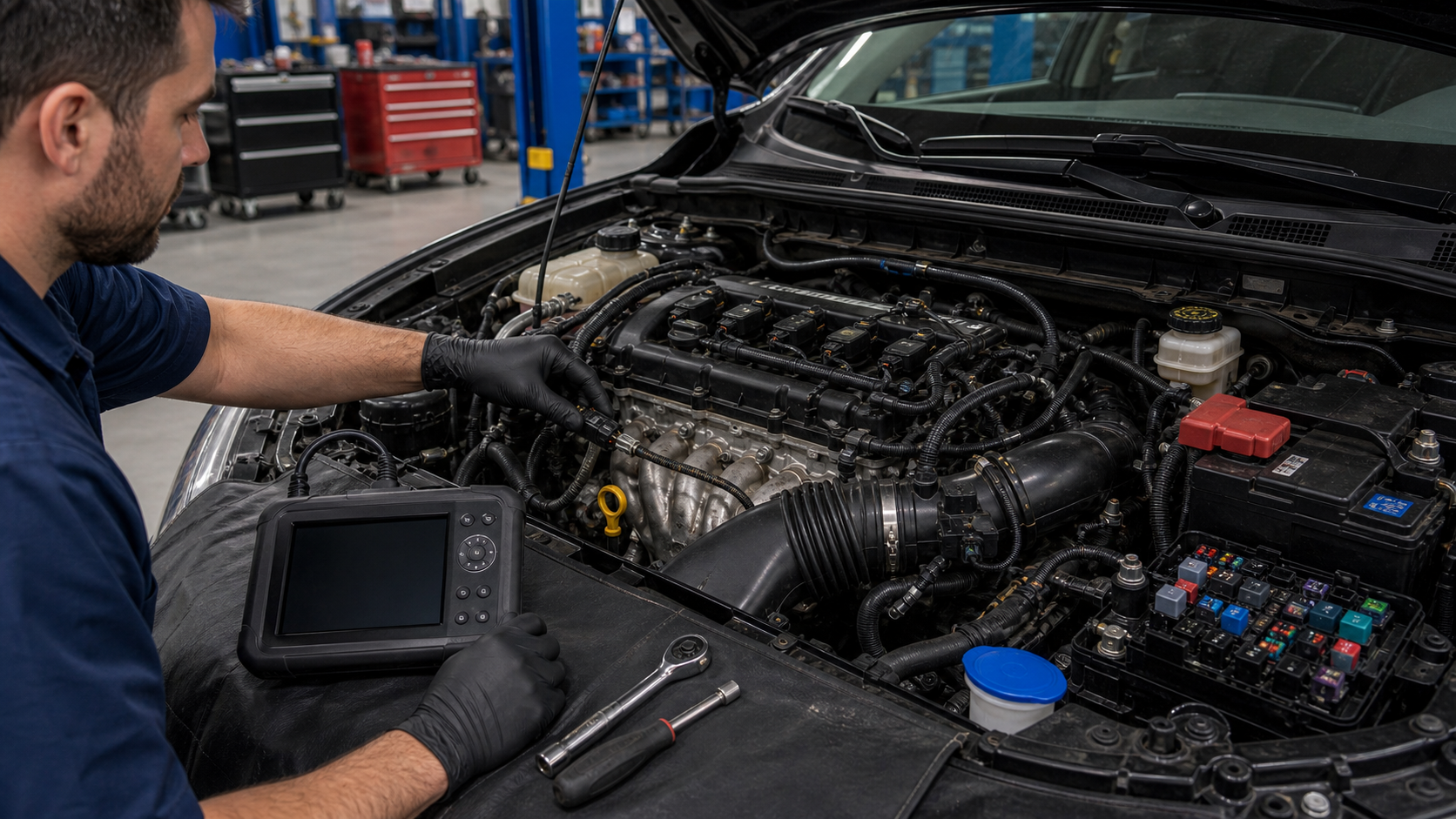 Mazda OBD diagnostic planning scene with engine bay, intake duct, ignition area, MAF housing, oxygen sensor wiring, fuse box, and scan tool