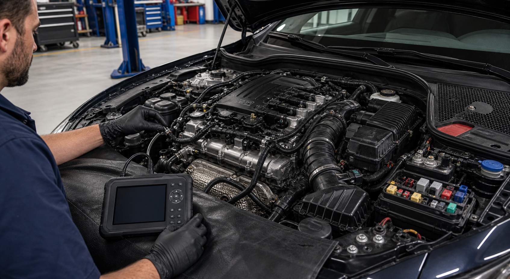 Mercedes-Benz OBD diagnostic planning scene with engine bay, intake duct, ignition area, oxygen sensor wiring, fuse box, and scan tool