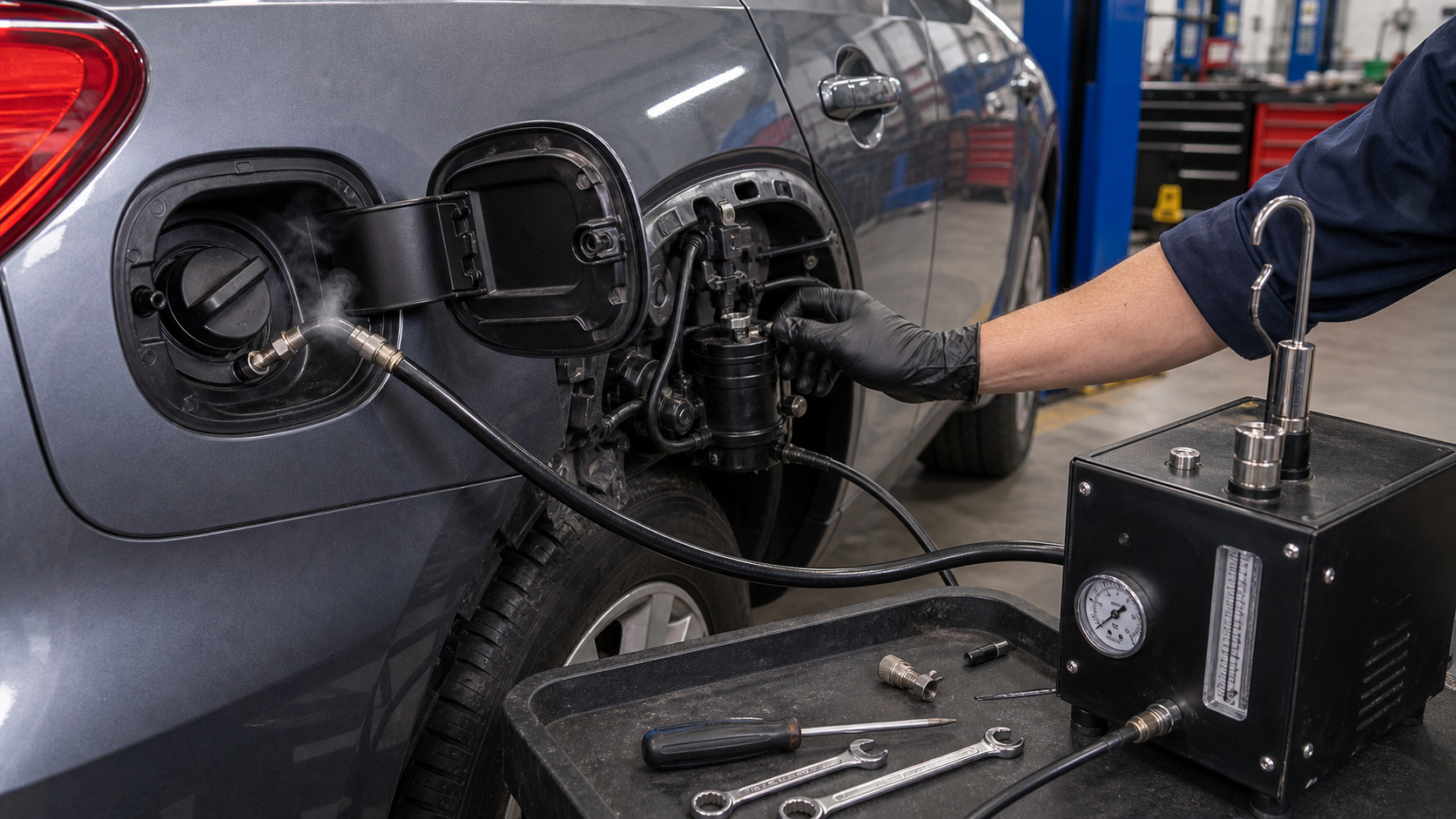 EVAP leak code diagnosis with fuel filler neck, gas cap area, vapor hose, vent valve, smoke test machine, and technician inspection