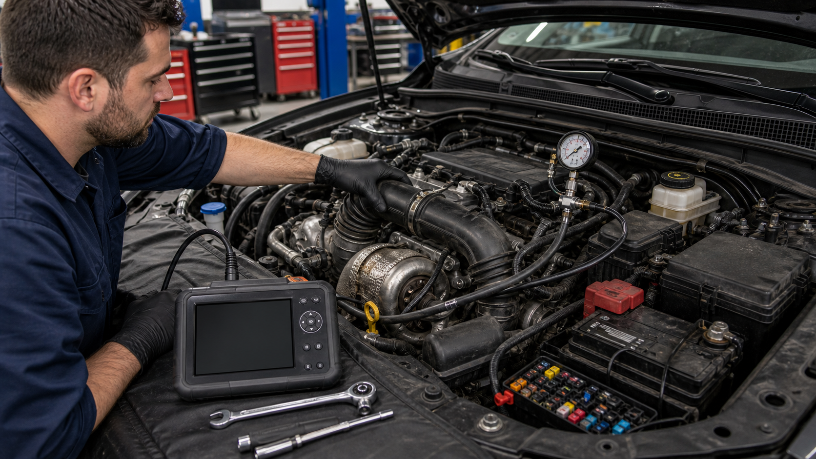 Loss of power diagnosis with intake duct, MAF sensor, exhaust restriction area, fuel pressure test point, battery, fuse box, and scan tool